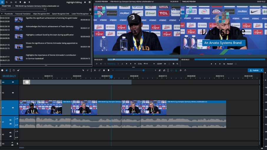Generated segments in MediaPortal are carried over into VidiEditor to generate a timeline